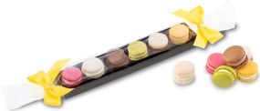 Macaron-Stange mit Schleifen - sechs bunte Macarons (60 g) als Werbeartikel