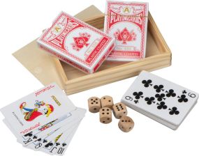 Spielkarten in Holzbox mit Würfel, 54311