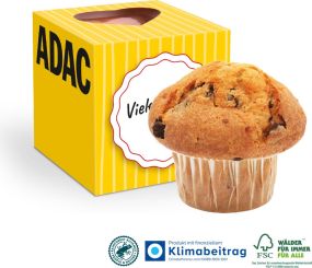 Muffin Maxi im Werbe-Würfel mit Herzstanzung, Klimaneutral, FSC® als Werbeartikel