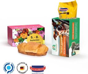 Frühstücksbox Kuchenmeister Croissant mit Nuss-Nugat-Cremefüllung - inkl. Druck als Werbeartikel