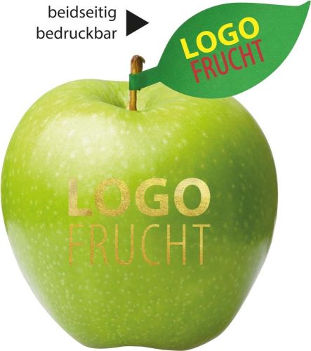 LogoFrucht Apfel mit bedruckbarem Apfelblatt - inkl. LogoFrucht Druck als Werbeartikel