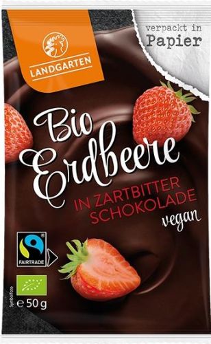 Landgarten Bio Erdbeere in Zartbitter Schokolade 50g als Werbeartikel