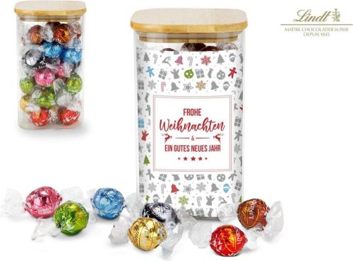 Präsenteset: Lindor Team-Glas Frohe Weihnachten mit 35 Lindt Lindorkugeln als Werbeartikel