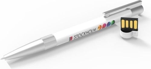 USB Pen Stockholm White (Blue ink), 64 GB Premium als Werbeartikel