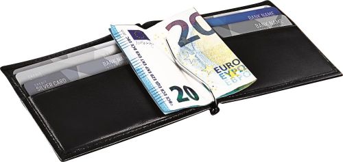 Kompaktes RFID Leder-Etui mit Geldscheinklammer und Kartenfächern als Werbeartikel