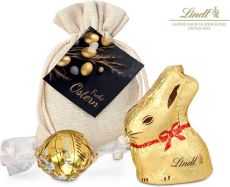 Goldenes Ostersäckchen mit Lindt Goldhase und Lindorkugel als Werbeartikel