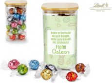 Präsenteset: Lindor Team-Glas Frohe Ostern mit 35 Lindt Lindorkugeln als Werbeartikel